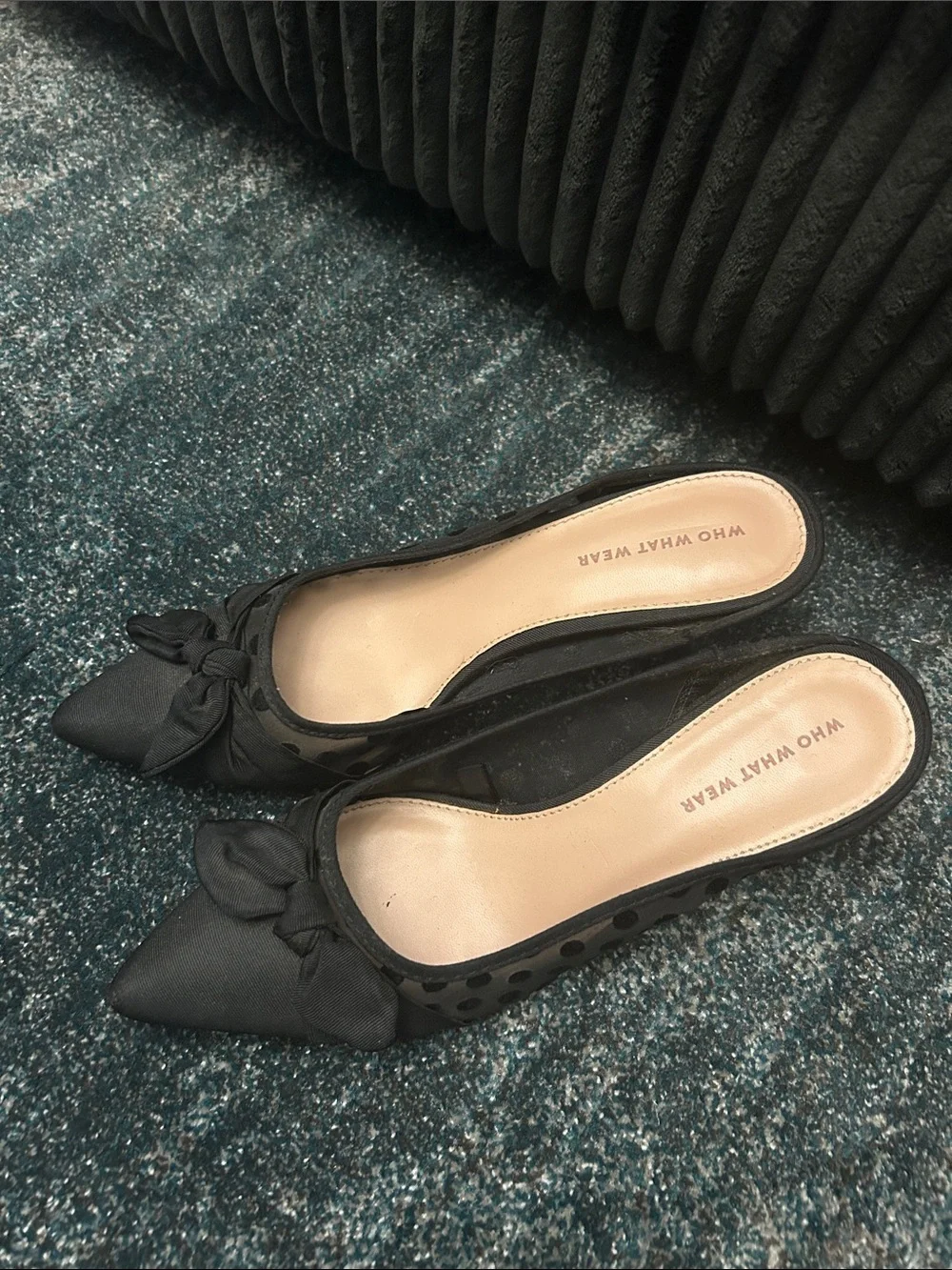 Who What Wear Black Polka Dot Mesh Bow Pointed Slip-On Mules - Picture 2 of 3